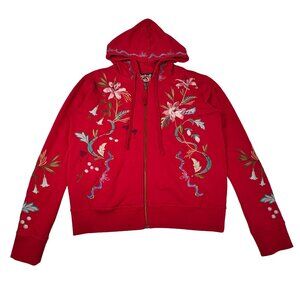 Johnny Was Amarylla Embroidered Zip Up Hoodie Sz S Red Boho Cottage Folk Indie